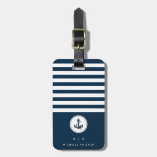 Étiquette À Bagage Ancre de bateau nautique bleu marine Monogramme