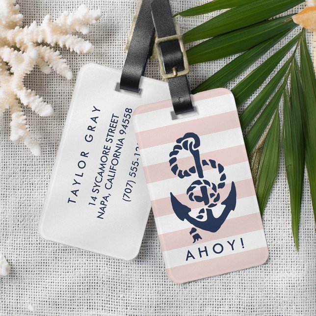 Étiquette À Bagage Ancre marine à rayures roses nautiques personnalis (Créateur téléchargé)