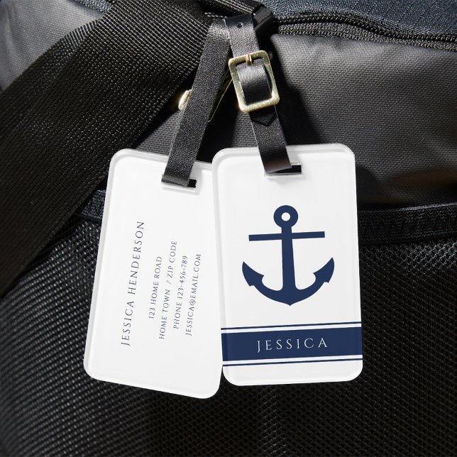 Étiquette À Bagage Ancre marine bleu marine Nom personnalisé (Navy Blue Nautical Anchor Custom Name Luggage Tag)