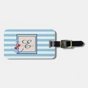 Étiquette À Bagage Ancre Monogramme Rayé Bleu Clair