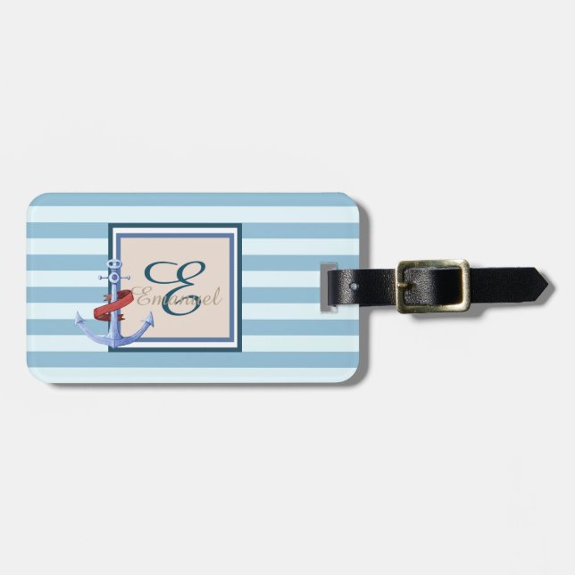 Étiquette À Bagage Ancre Monogramme Rayé Bleu Clair (Devant horizontal)