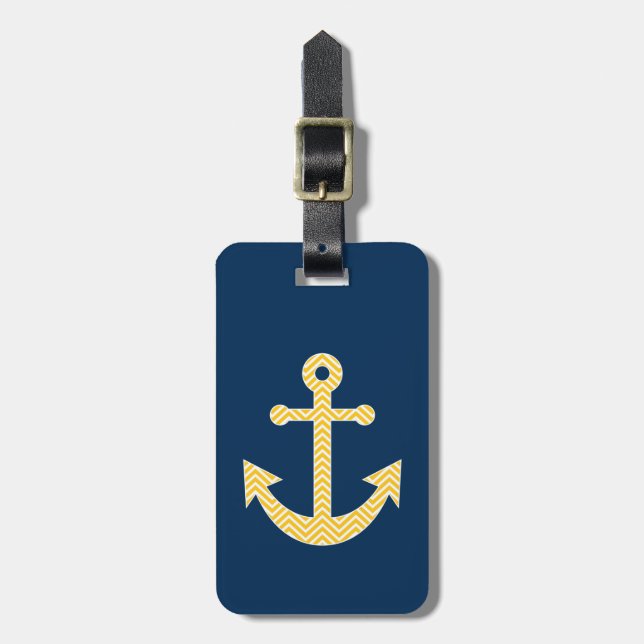 Étiquette À Bagage Ancre nautique avec Motif de Navy Jaune Chevron (Devant Vertical)
