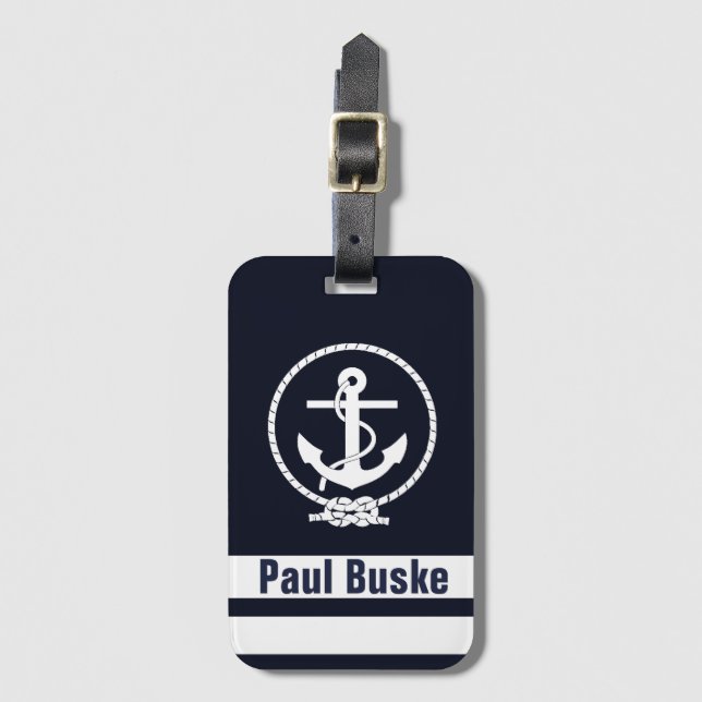 Étiquette À Bagage Ancre Nautique Monogramme Bleu Marine (Devant Vertical)