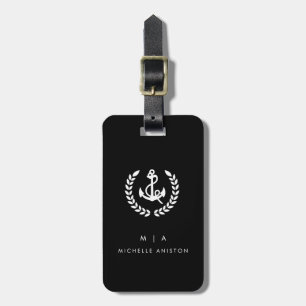 Étiquette À Bagage Ancre nautique noir blanc   Monogramme personnalis