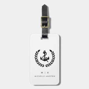 Étiquette À Bagage Ancre nautique noir blanc Monogramme personnalis