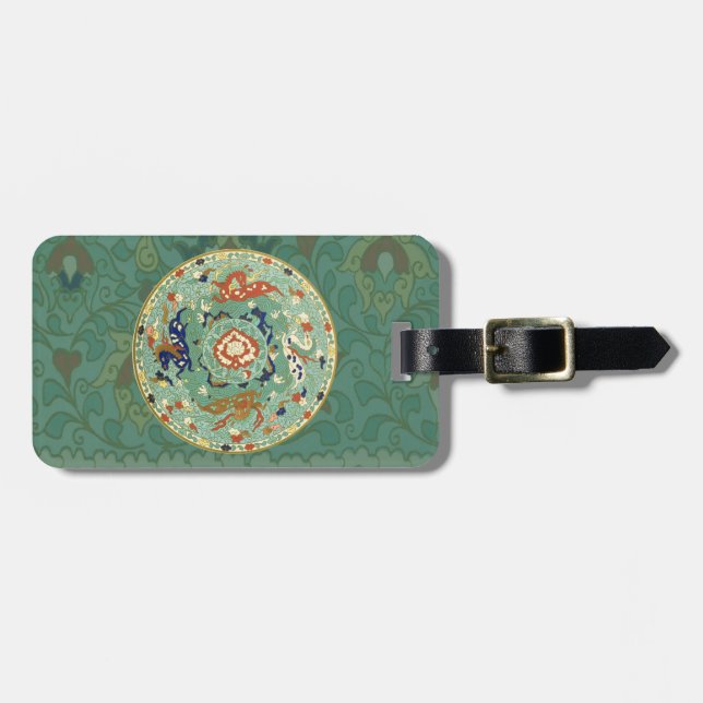 Étiquette À Bagage Antique Cercle Bleu Vert Chinois (Devant horizontal)