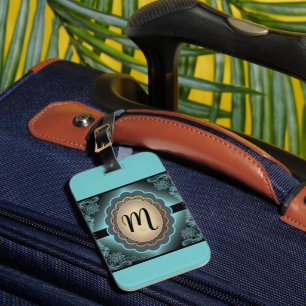 Étiquette À Bagage Antique Monogramme en dentelle Turquoise