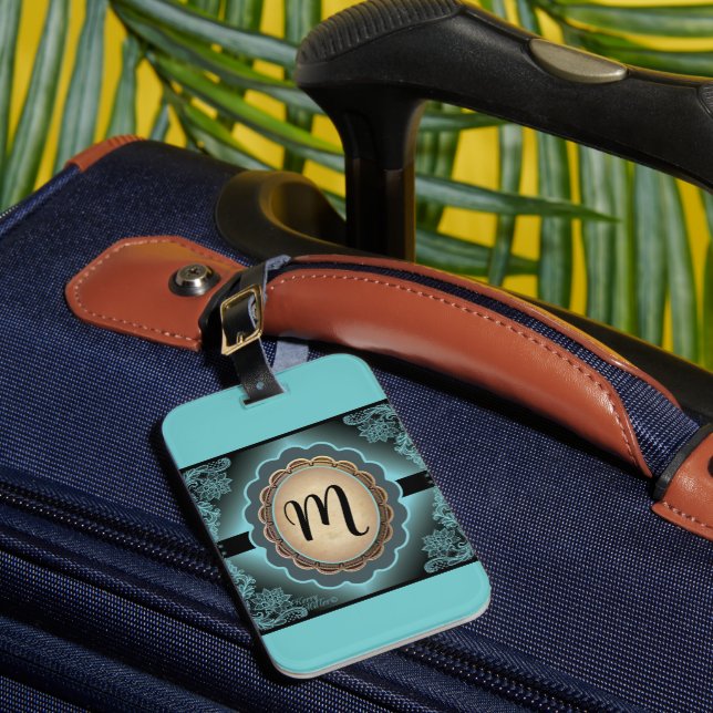 Étiquette À Bagage Antique Monogramme en dentelle Turquoise  (Insitu Rectoal 1)