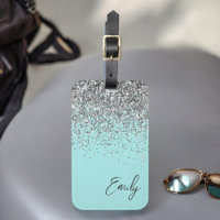 Aqua Bleu Sarcelle Argent Paillettes Monogramme