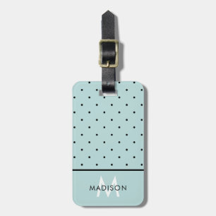 Étiquette À Bagage Aqua clair avec Pois noirs et monogramme