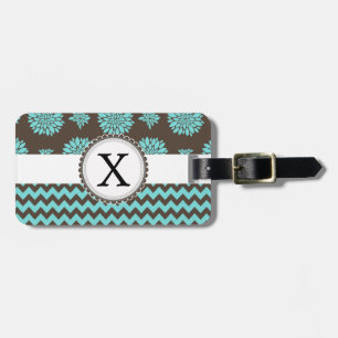 Étiquette À Bagage Aqua personnalisé et Fleurs brunes Zigzag