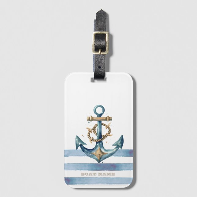Étiquette À Bagage Aquarelle Ancre marine Bleu clair rayures (Devant Vertical)