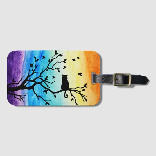 Étiquette À Bagage Aquarelle arc-en-ciel Arbre noir Branche et chat (Devant Horizontal)