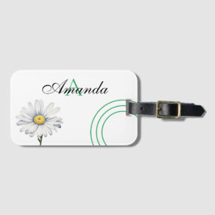 Étiquette À Bagage Aquarelle Blanc et vert Nice Daisy Monogramme