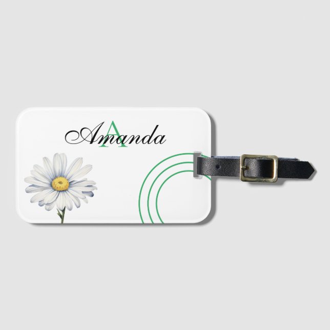 Étiquette À Bagage Aquarelle Blanc et vert Nice Daisy Monogramme (Devant Horizontal)