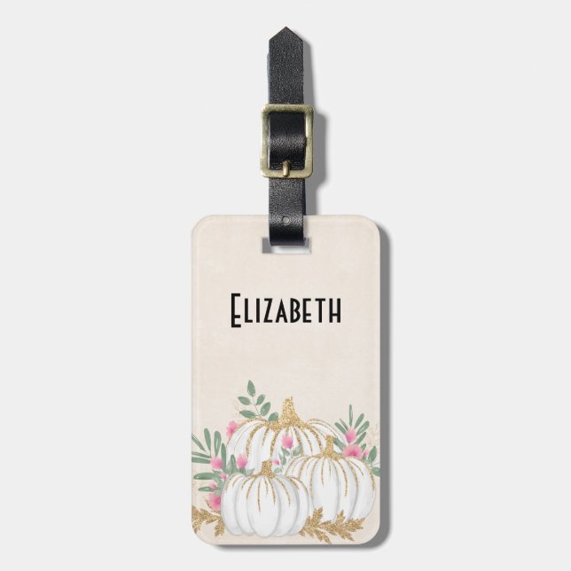 Étiquette À Bagage Aquarelle blanche et Citrouille or (Devant Vertical)