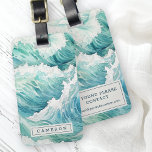 Étiquette À Bagage Aquarelle bleu vagues nom personnalisé<br><div class="desc">Marque à bagages avec un tableau aquarelle des vagues de l'océan.</div>