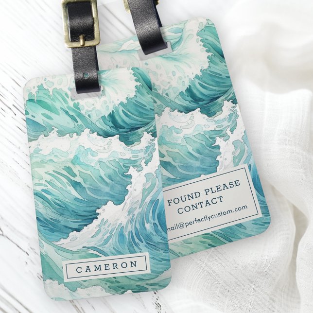 Étiquette À Bagage Aquarelle bleu vagues nom personnalisé (Watercolor blue waves custom name luggage tag)