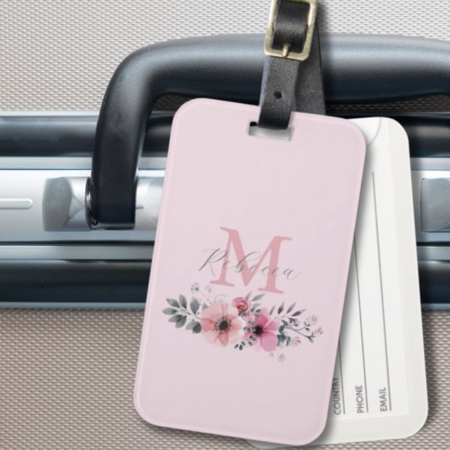 Étiquette À Bagage Aquarelle botanique chic rose pâle (Botanical chic blush pink watercolor floral luggage tag)