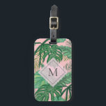 Étiquette À Bagage Aquarelle botanique tropicale Monogramme d'art ros<br><div class="desc">Élégante étiquette à bagages monogrammed avec aquarelle botanique verte et rose.</div>