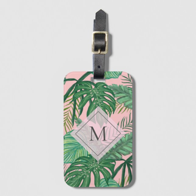 Étiquette À Bagage Aquarelle botanique tropicale Monogramme d'art ros (Devant Vertical)