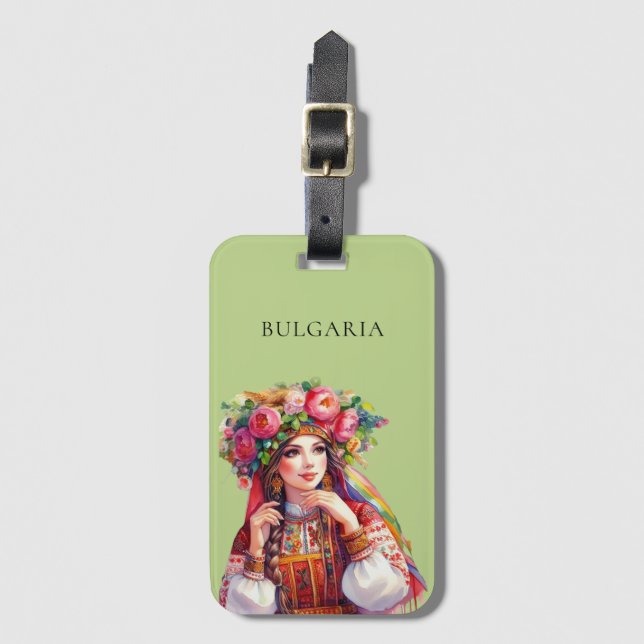 Étiquette À Bagage Aquarelle bulgare Folklore femme Roses rouges (Devant Vertical)