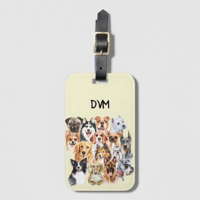 Étiquette À Bagage Aquarelle Chiens de races Collage Personnalisé (Devant Vertical)