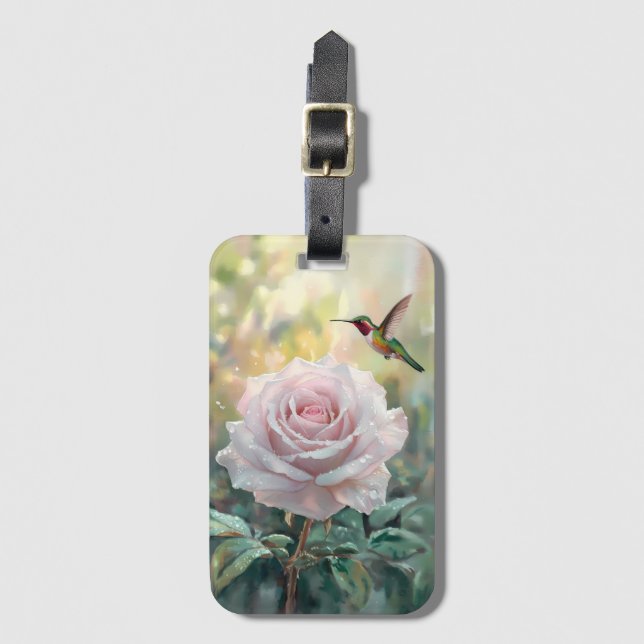Étiquette À Bagage Aquarelle Colibri et rose (Devant Vertical)