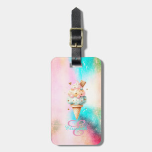 Étiquette À Bagage Aquarelle couleur crème glacée cône Monogramme