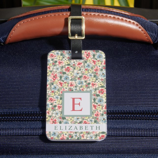 Étiquette À Bagage Aquarelle customisée Florale Vert Fleurs roses (Insitu Rectoal 2)