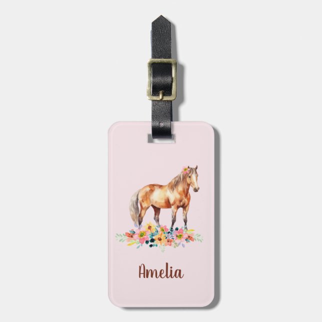 Étiquette À Bagage Aquarelle Cute Horse Floral Rose Nom Bagage Balise (Devant Vertical)