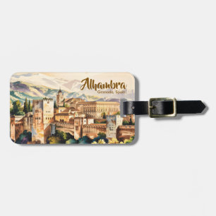 Étiquette À Bagage Aquarelle d'Alhambra à Grenade en Espagne, vintage