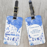 Étiquette À Bagage Aquarelle de Santorin<br><div class="desc">Aquarelle bleue et blanche de la ville d'Oia sur la belle île grecque de Santorin pour faire vos sacs de voyage se démarquer de la foule. Art original de Nic Squirrell. Modifiez les détails sur le dos pour personnaliser.</div>