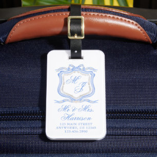 Étiquette À Bagage Aquarelle Designer Blue Monogram Crest Lune de mie
