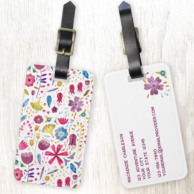 Étiquette À Bagage Aquarelle fleur sauvage (Wildflower watercolor botanical pattern personalized floral luggage tag)