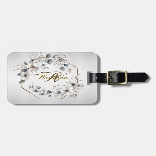 Étiquette À Bagage Aquarelle Fleurs blanches Cadre doré Argent Turquo (Devant horizontal)
