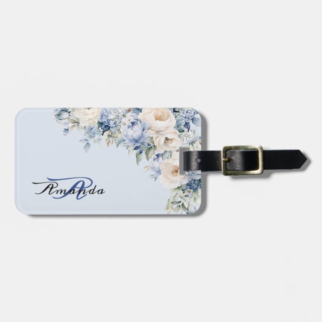 Étiquette À Bagage Aquarelle Fleurs d'ivoire bleu foncé (Devant horizontal)