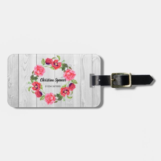 Étiquette À Bagage Aquarelle Fleurs rouges et roses Conception de cou (Devant horizontal)