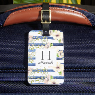 Étiquette À Bagage Aquarelle Florale Monogramme Rayures personnalisée