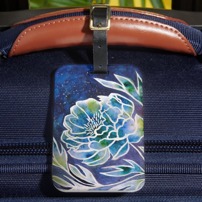 Étiquette À Bagage Aquarelle florale Turquoise bleu Dahlia Navy (Insitu Rectoal 2)
