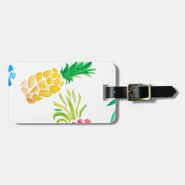 Étiquette À Bagage Aquarelle fruit jaune, rose et bleu ananas (Devant horizontal)