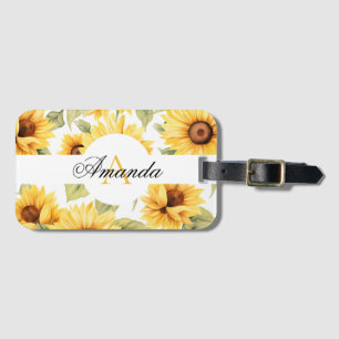 Étiquette À Bagage Aquarelle Jaune Feuilles de tournesol Motif Monogr