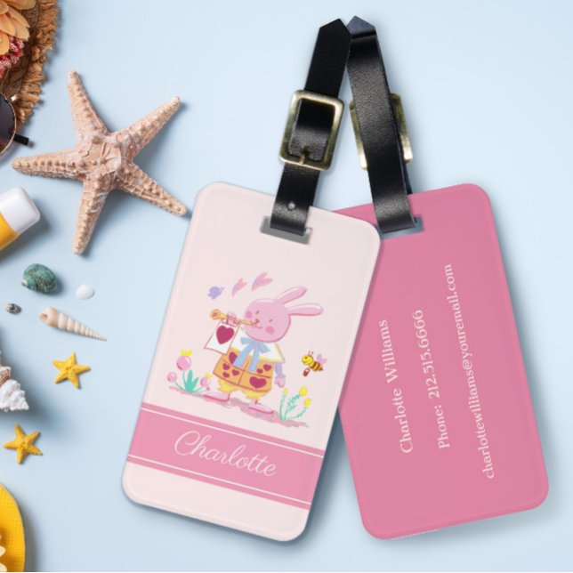 Étiquette À Bagage aquarelle lapin rose & abeille dans le jardin Mono (Créateur téléchargé)