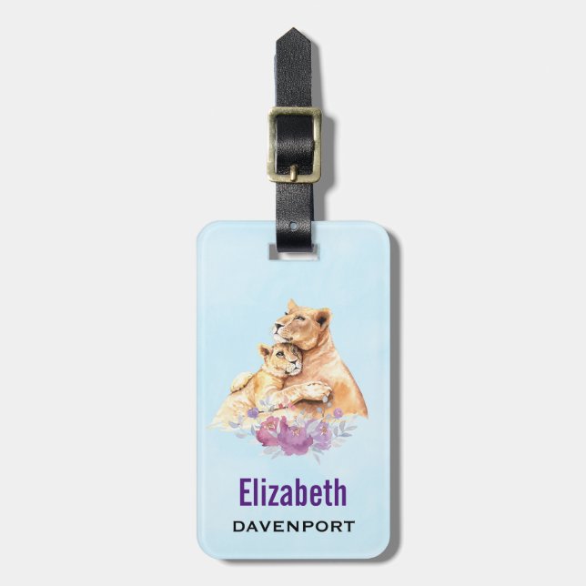 Étiquette À Bagage Aquarelle mignonne Mère Lion & Cub (Devant Vertical)