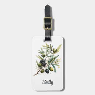 Étiquette À Bagage Aquarelle olives noires et vertes sur une branche