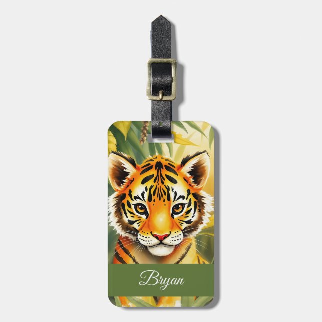Étiquette À Bagage Aquarelle Orange et Vert Migner Tiger Nom des enfa (Devant Vertical)