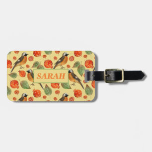 Étiquette À Bagage Aquarelle orange Oiseaux et Motif de grenade