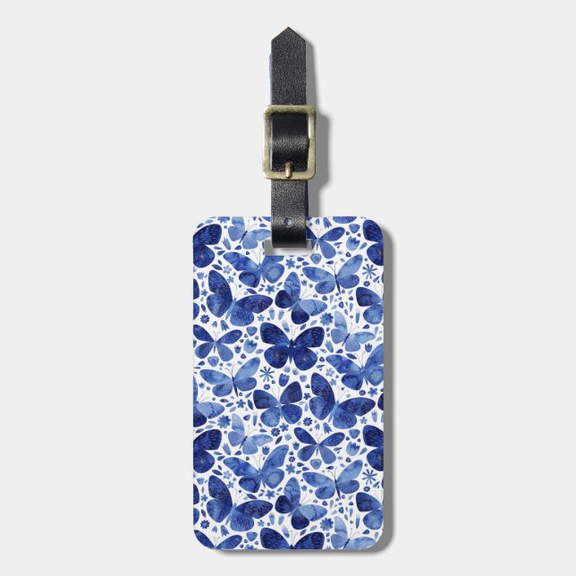 Étiquette À Bagage Aquarelle papillon bleu personnalisé (Devant Vertical)