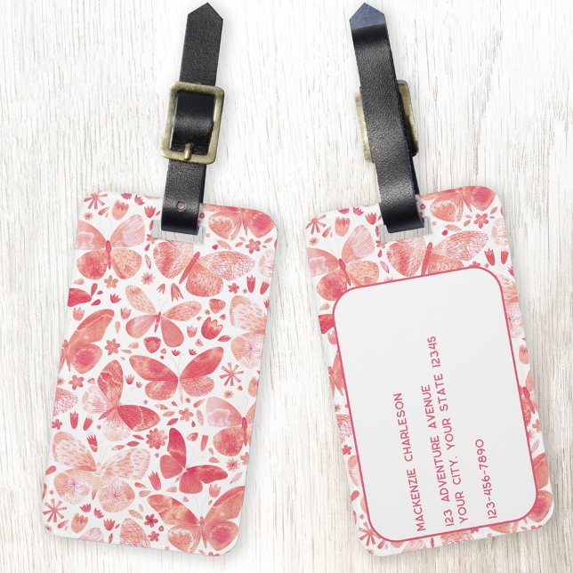 Étiquette À Bagage Aquarelle papillon Coral rose Personnalisé (Coral pink watercolor butterfly art pattern pretty personalized luggage tag)