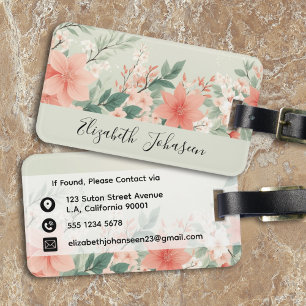 Étiquette À Bagage Aquarelle Pêche Fuzz Fleurs vertes Nom du script